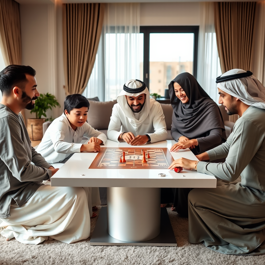 عائلة إماراتية تلعب ألعاب لوحية استراتيجية حول طاولة عصرية في غرفة معيشة منزل دبي