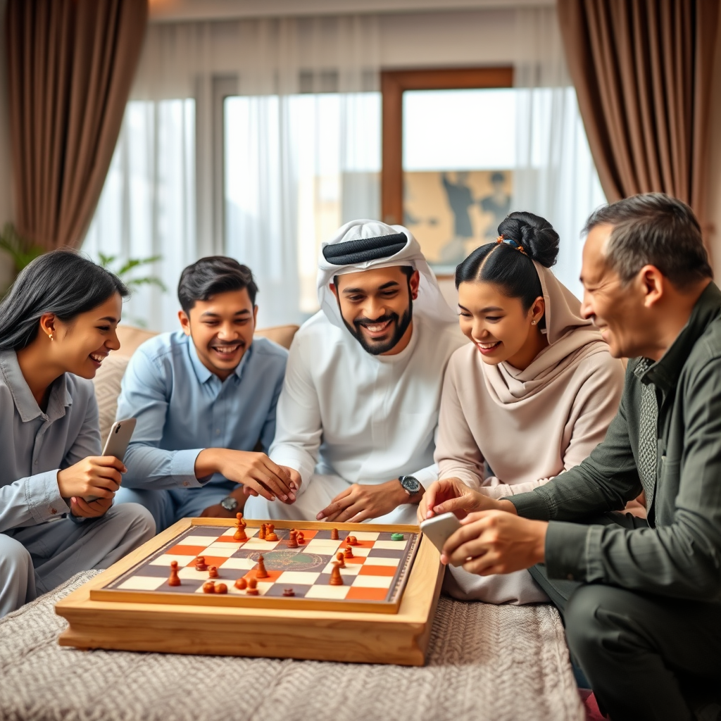 عائلة إماراتية سعيدة تلعب ألعاب لوحية معاً في غرفة معيشة مريحة