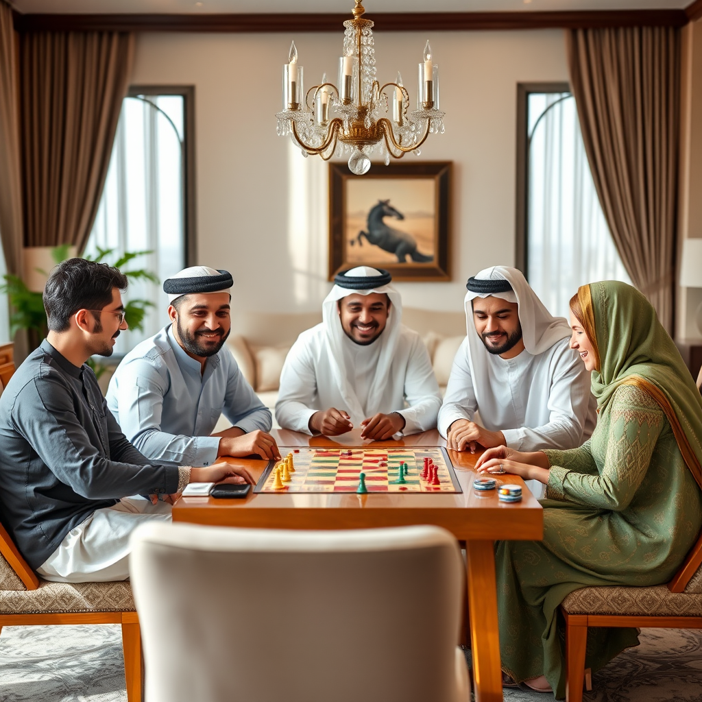 عائلة إماراتية سعيدة تجلس حول طاولة في غرفة معيشة أنيقة في دبي وتلعب ألعاب الطاولة معاً