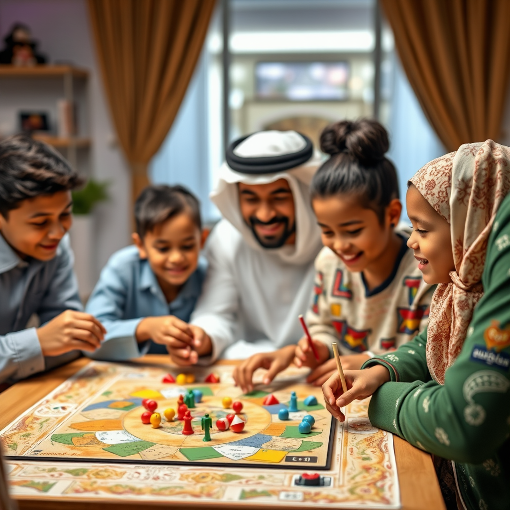 عائلة إماراتية متعددة الثقافات تلعب ألعاب طاولة حديثة تحتفي بالتنوع الثقافي