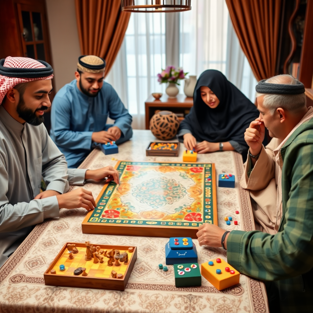 ألعاب لوحية تراثية شرق أوسطية تقليدية مع ألعاب حديثة على طاولة في منزل إماراتي، مع أجيال مختلفة من العائلة تلعب معاً