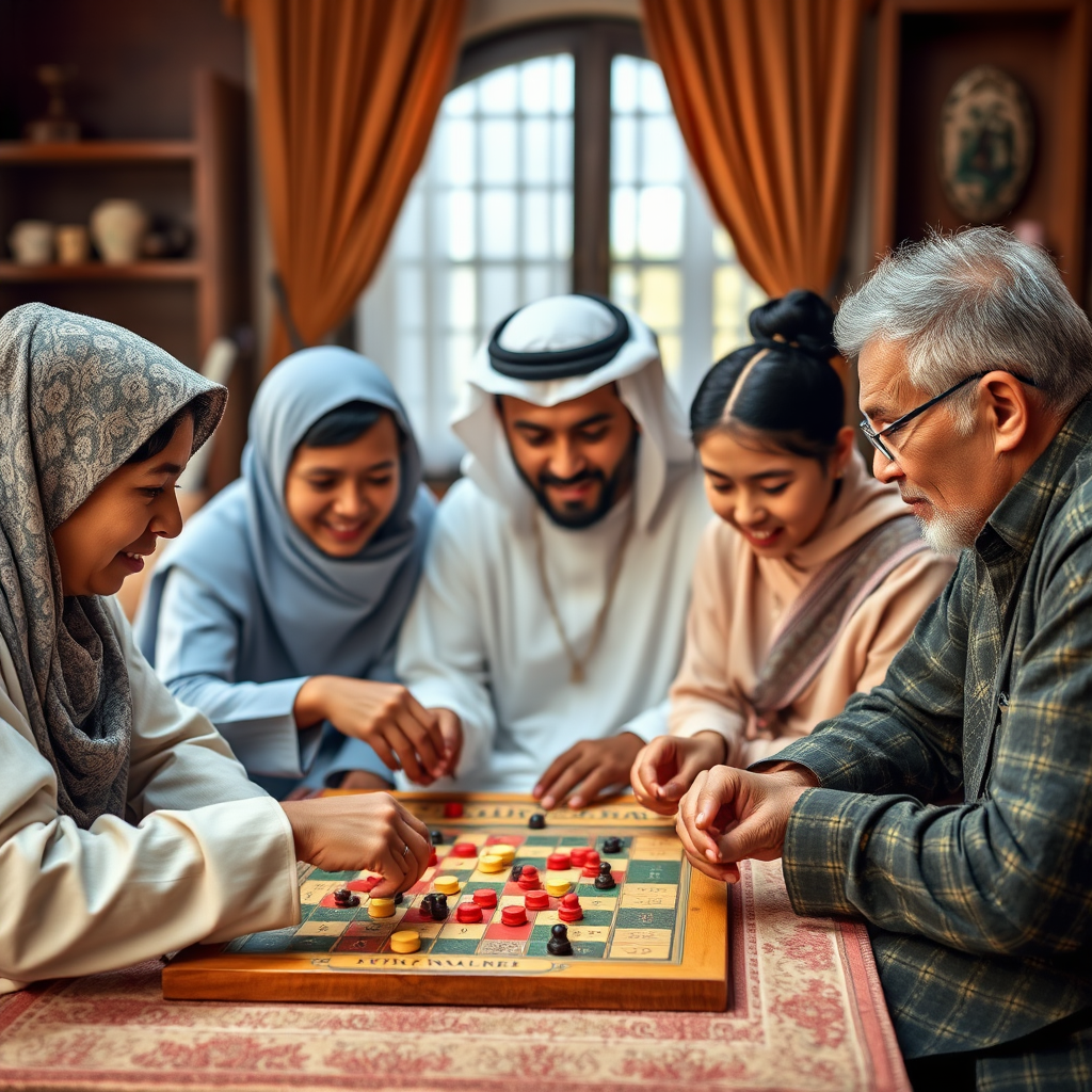 عائلة إماراتية متعددة الأجيال تلعب ألعاب طاولة تراثية وحديثة معاً في جو عائلي دافئ