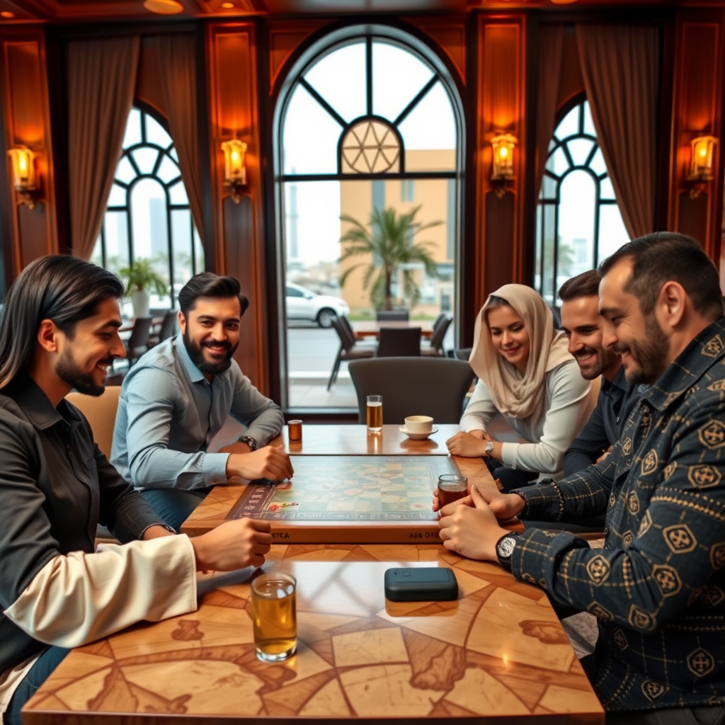 مجموعة من الأصدقاء من مختلف الجنسيات يجلسون في مقهى أنيق في دبي ويستمتعون بلعب ألعاب الطاولة الاستراتيجية