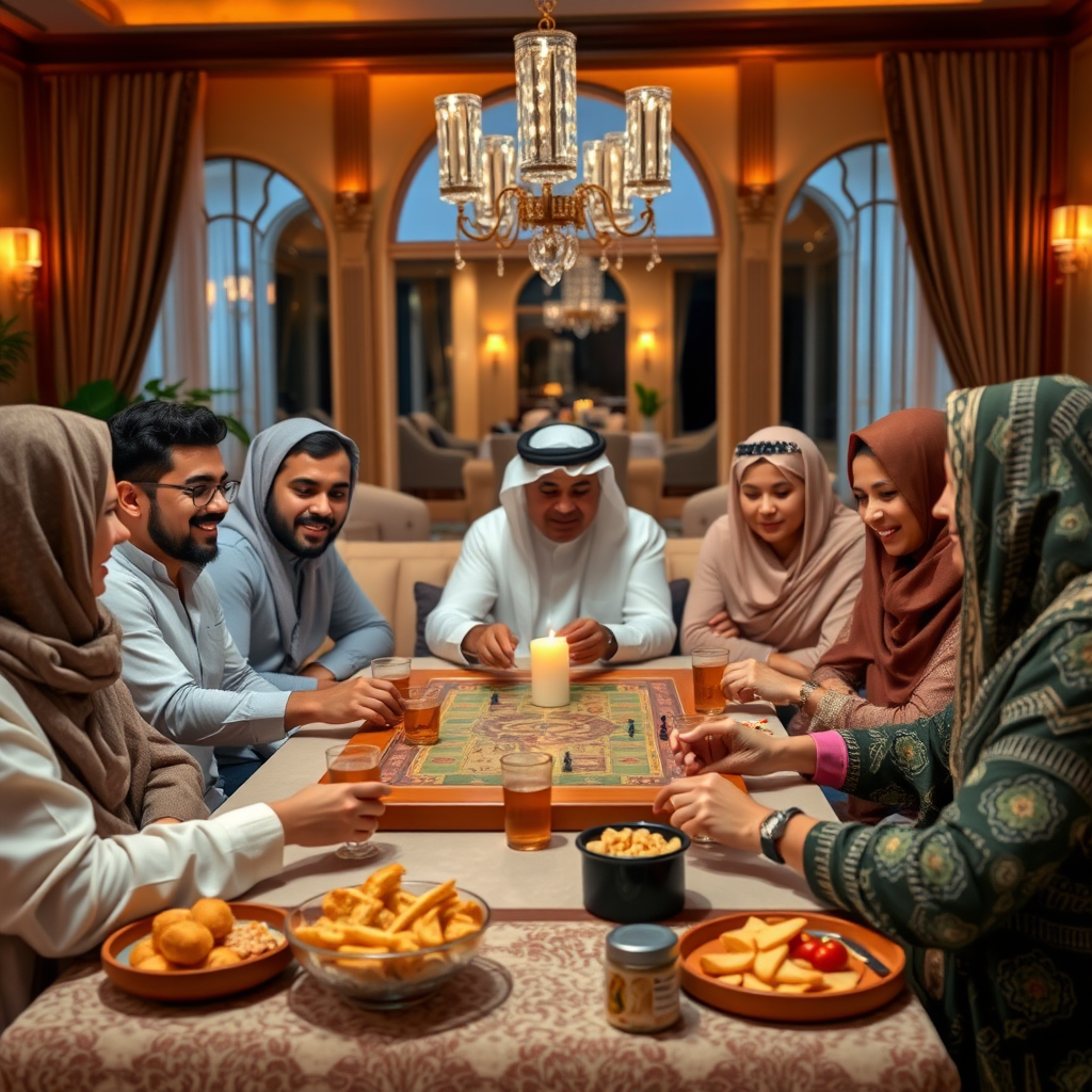 مجموعة من الأصدقاء والعائلة يستمتعون بليلة ألعاب طاولة في منزل إماراتي أنيق مع وجبات خفيفة محلية وإضاءة دافئة